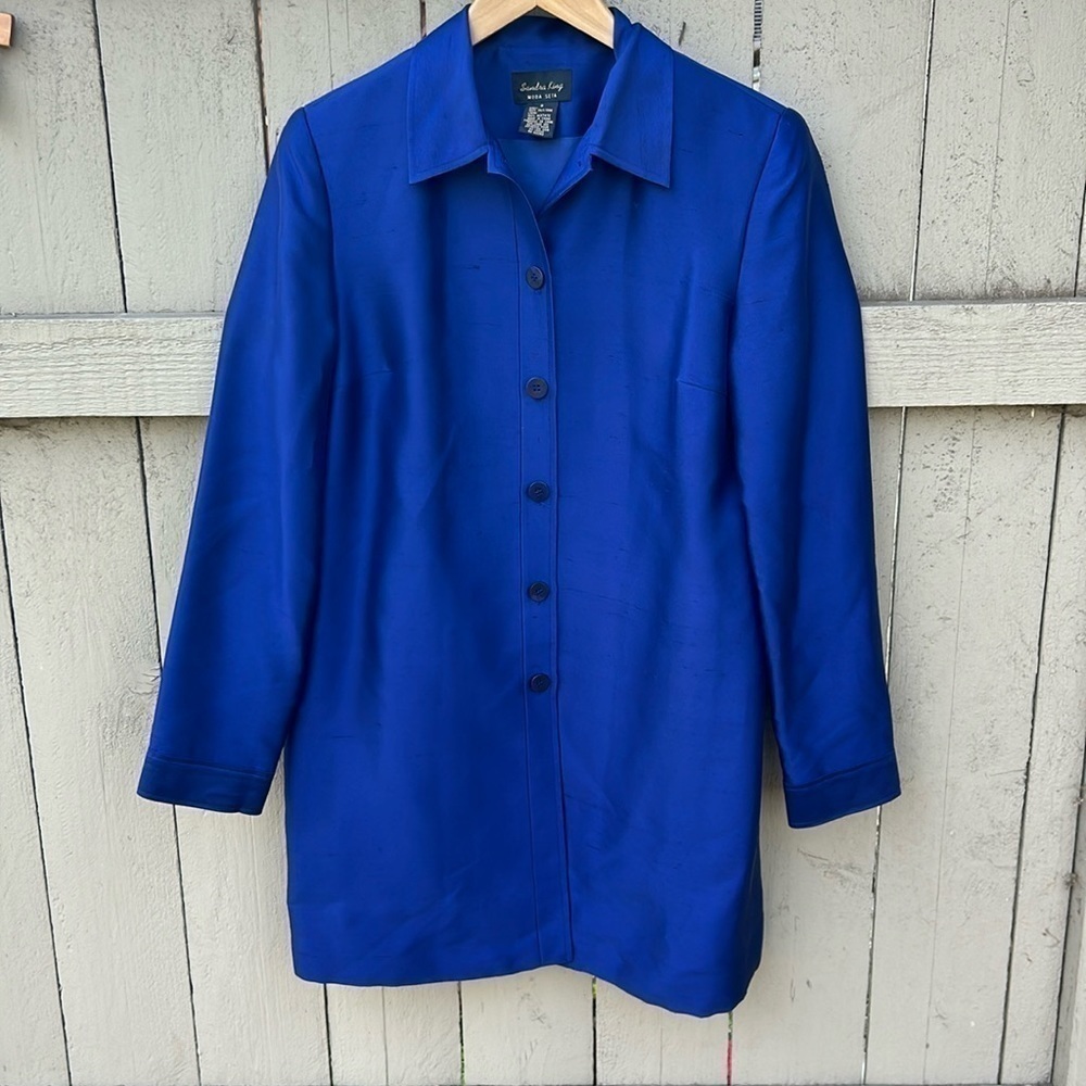 Sandra King Moda Seta Silk Jacket Long Blazer Navy Sz 8 Contemporary
